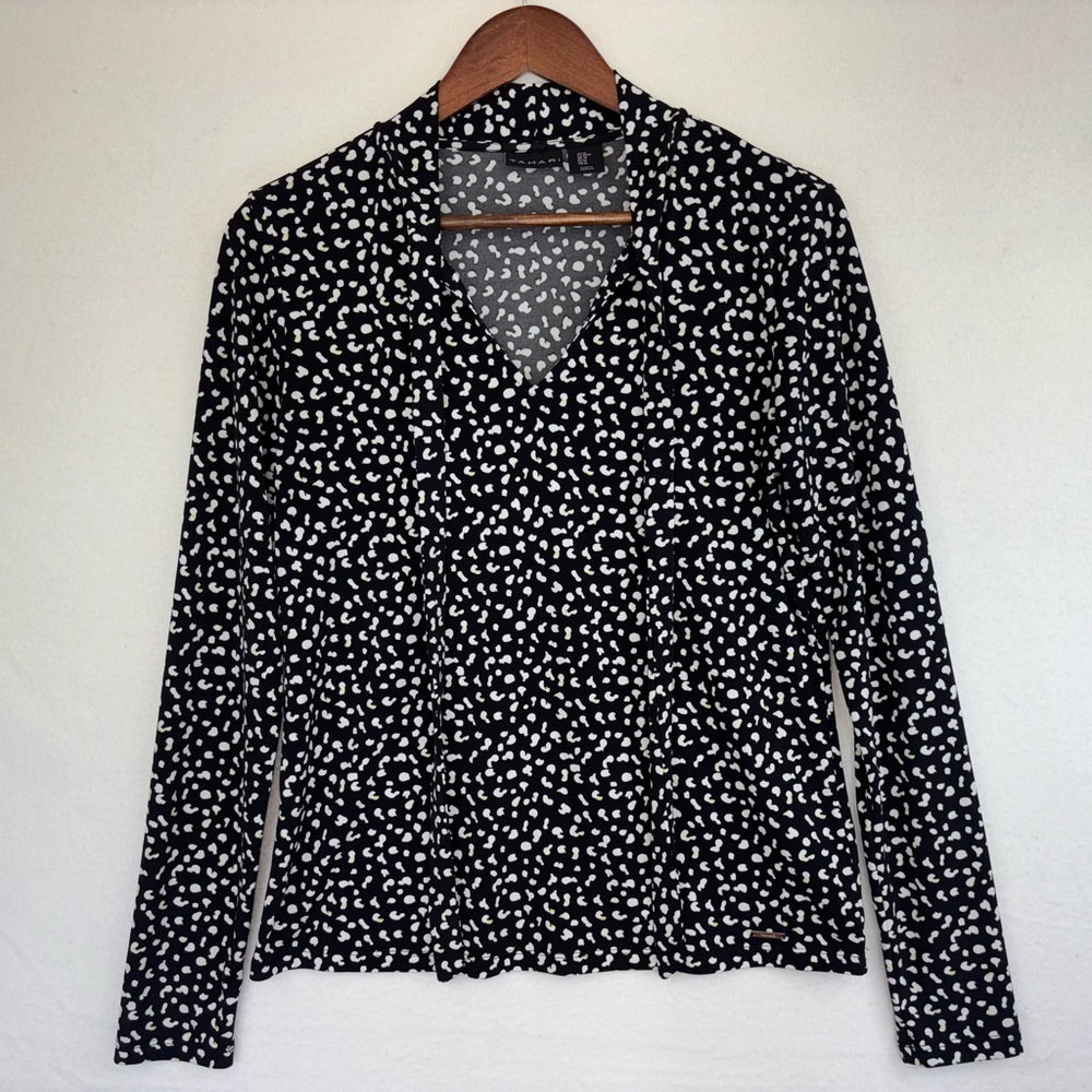TAHARI Women Long Sleeve Blouse Leopard Pattern Black White V Neck Office Medium